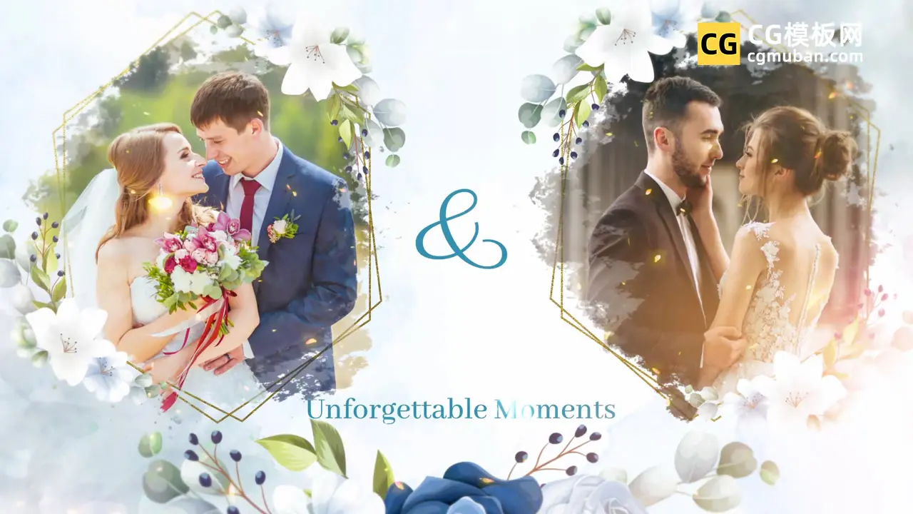 蓝色花卉浪漫优雅婚礼照片展示AE幻灯片模板