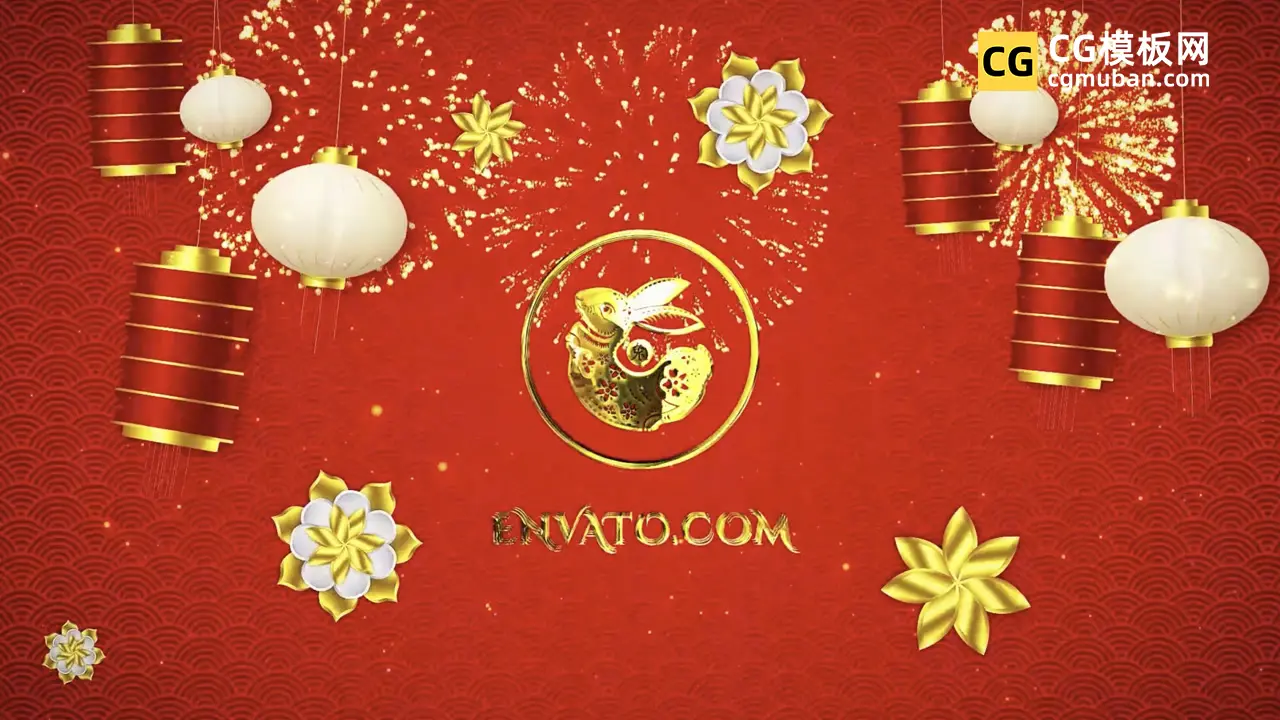 喜庆红灯笼兔年春节美好祝福片头动画AE模板 Red Lantern Chinese New Year Slideshow插图