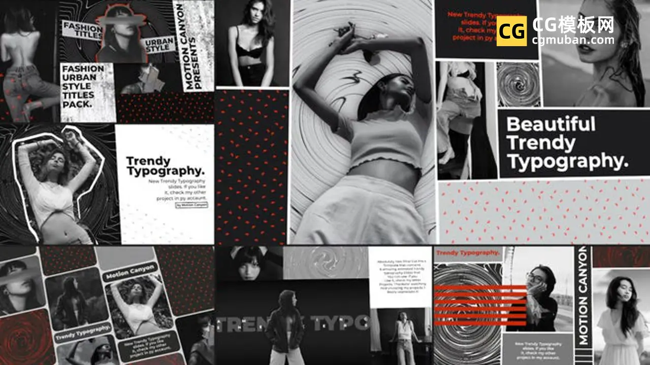 FCPX模板 6个黑白时尚分屏海报广告街头图片拼接贴纸剪裁finalcutpro插件 Trendy Typography插图