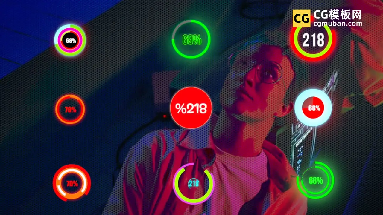 FCPX插件：彩色霓虹百分计数 9个发光赛博朋克进度条百分比例循环动画插件 Neon Count Cycles插图