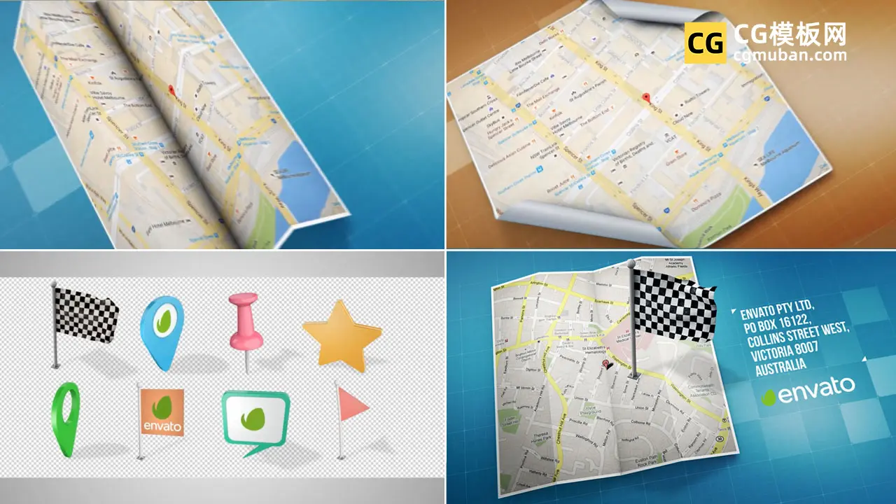 AE模板：三维折纸小旗坐标动画 位置旅行地图定位标记模板 Map插图