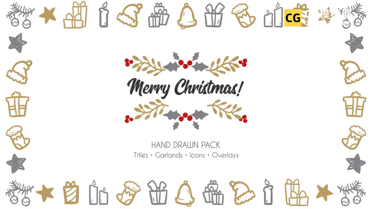 PR模板：圣诞节视频模板 卡通麋鹿礼物图标标题背景文字动画PR手绘包 Merry Christmas Hand Drawn Pack插图