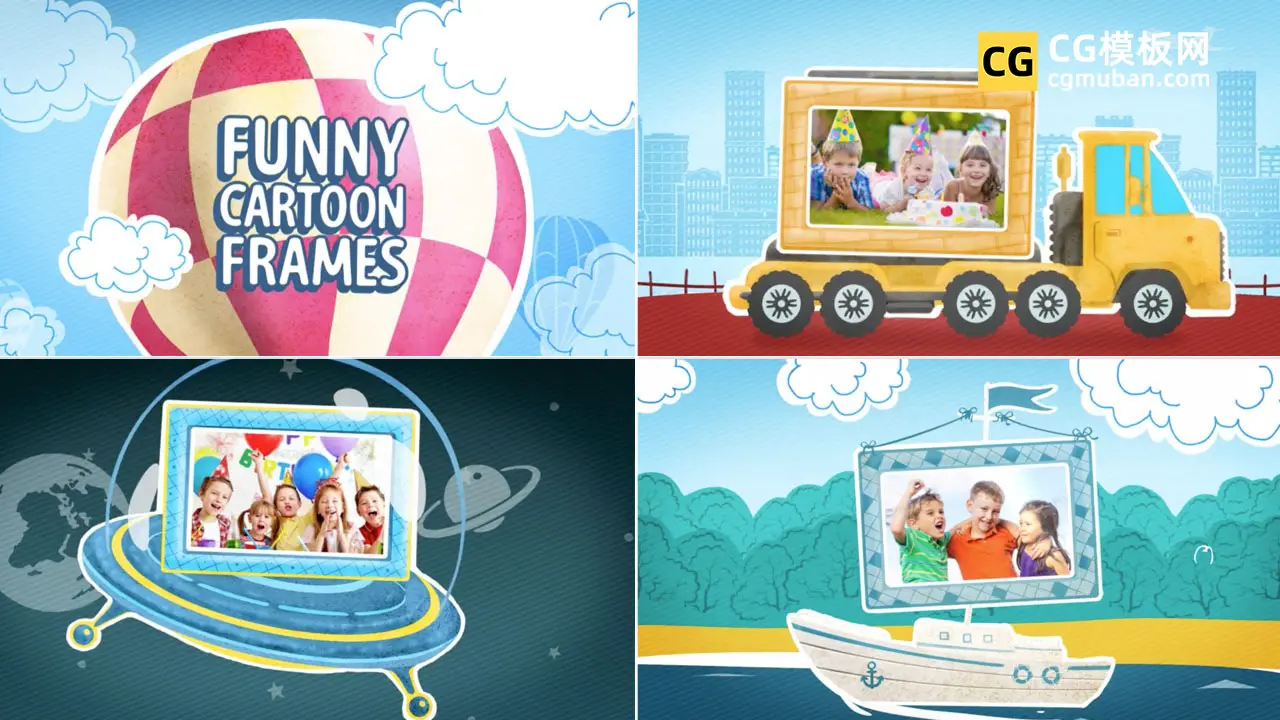 AE模板：卡通热气球云朵儿童工具车相框照片展示动画模板 Funny Cartoon Frames插图