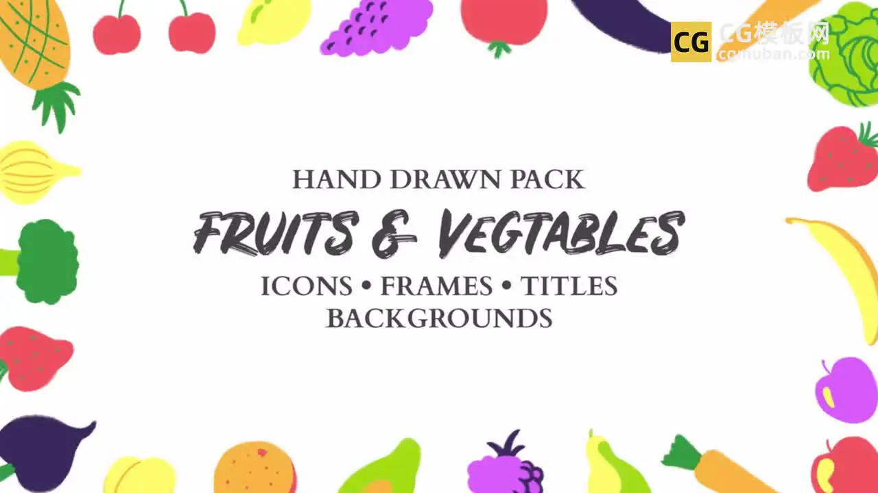 PR模板：卡通可爱水果蔬菜素材包 VLOG美食博主背景标题图标视频框模板 Fruits And Vegetables Hand Drawn Pack插图