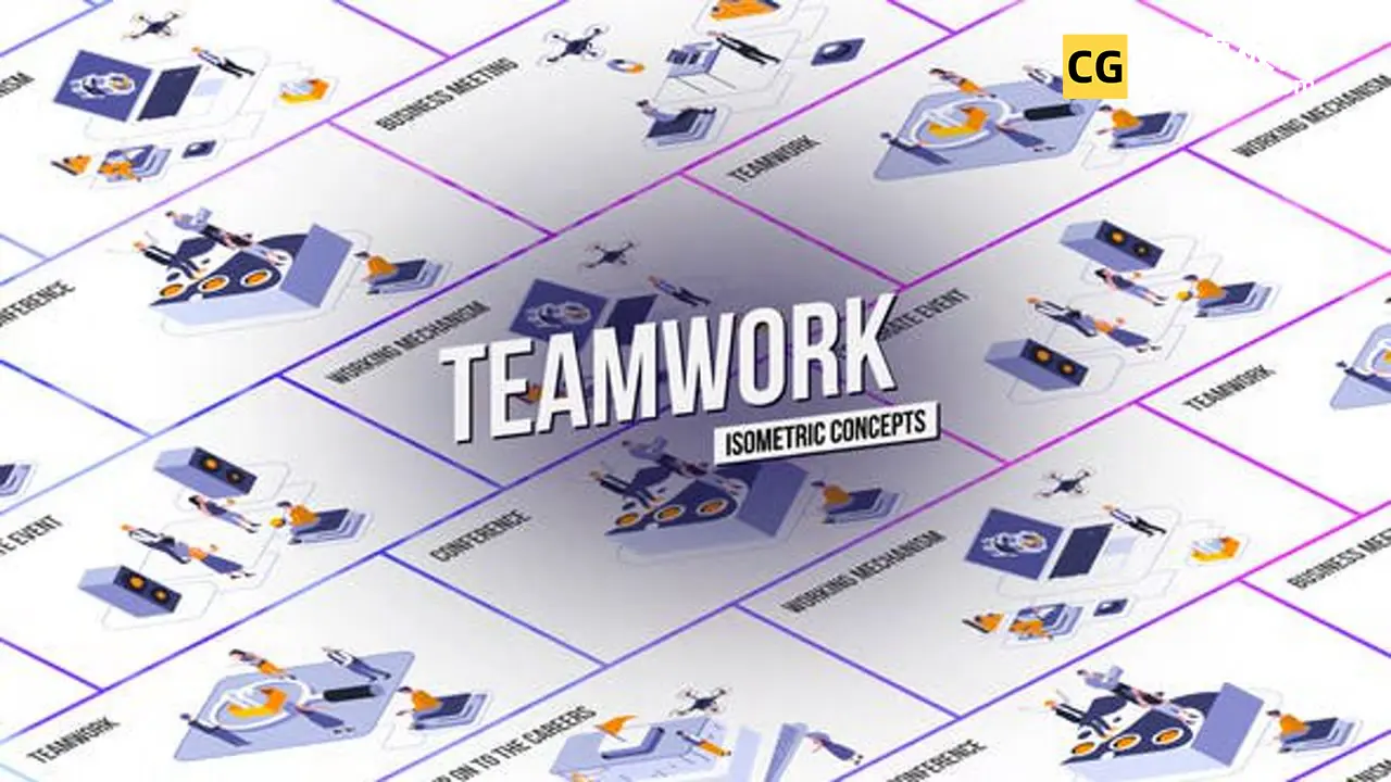 AE模板：三维商务办公卡通MG人物形象UI视频解说循环动画 Teamwork – Isometric Concept插图