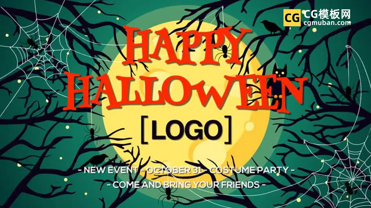 PR模板：万圣节片头标题 卡通恐怖可怕月亮树枝乌鸦蜘蛛元素PR模板 Spooky Halloween Opener插图