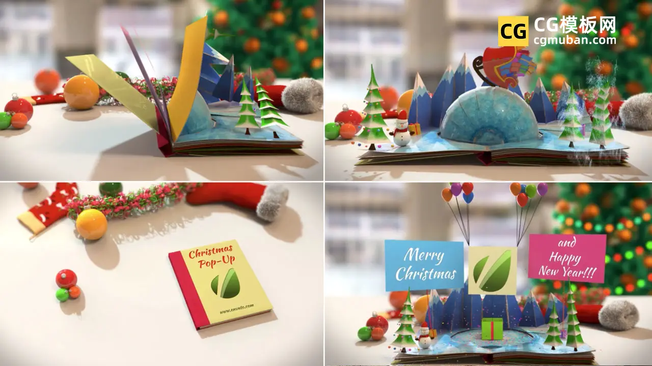 AE圣诞节贺卡模板 翻书弹出LOGO动画开场模板