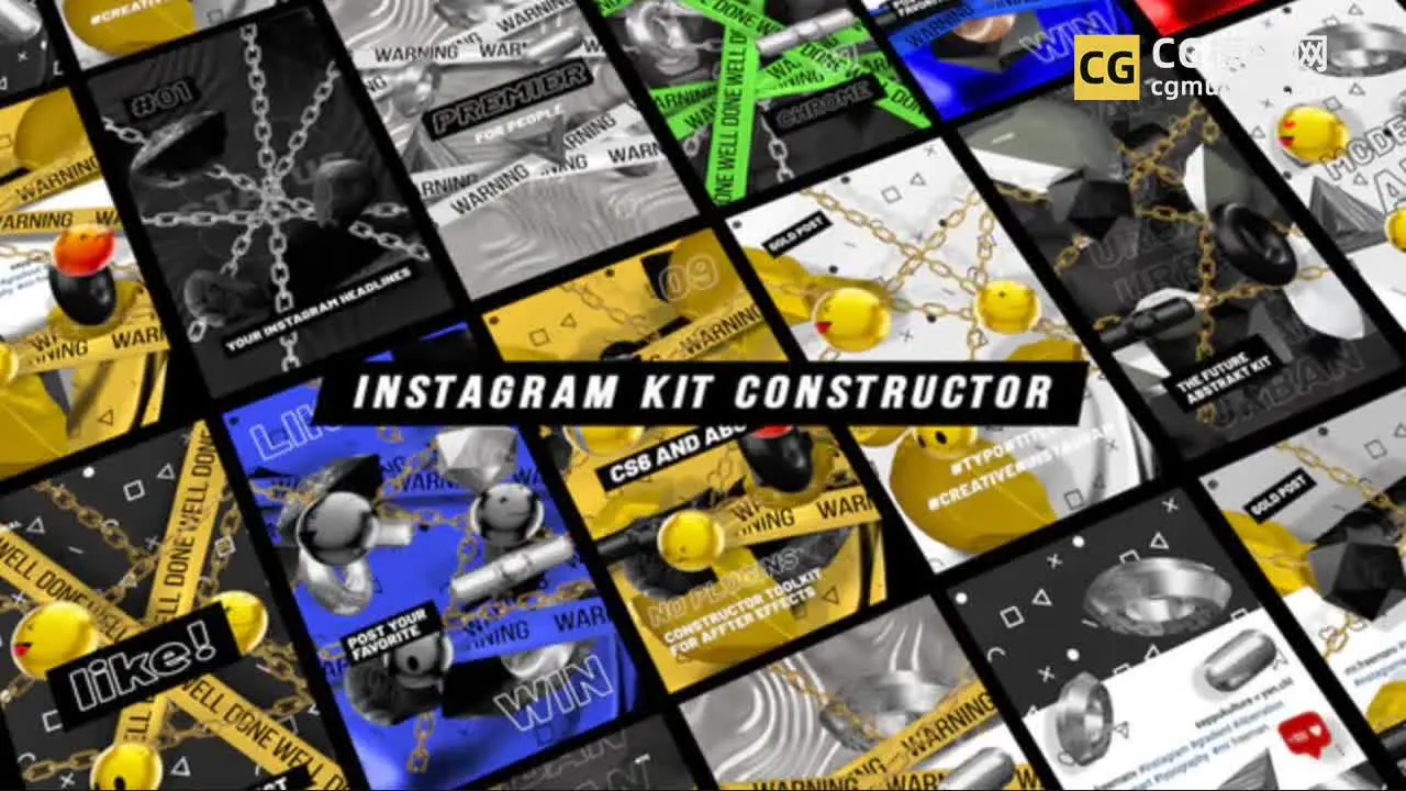 AE模板：胶带塑料铁链时尚动态海报 3D潮流炫酷Y2K素材复古AE竖屏模板 Instagram Kit Constructor插图