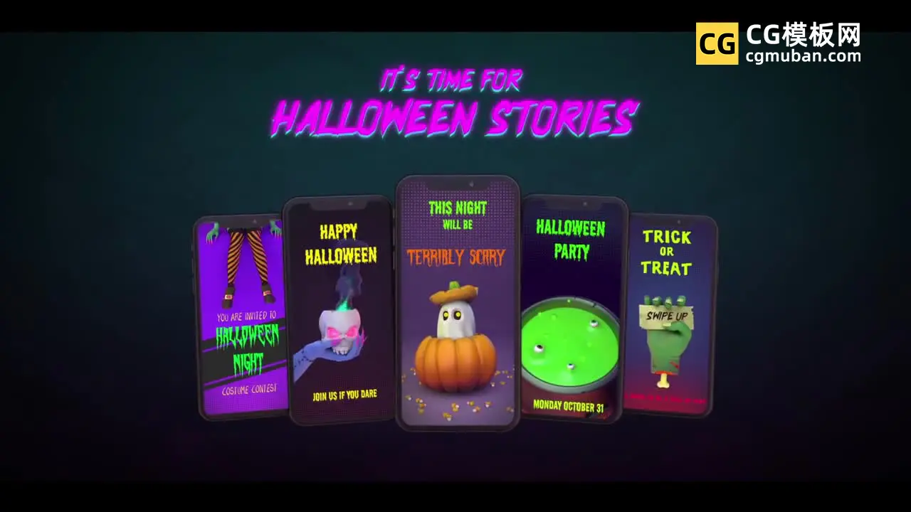 PR模板：万圣节竖屏模版 恐怖南瓜女巫活动预告介绍3D场景PR模板 Halloween Stories Pack插图