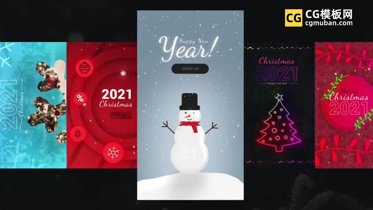 PR模板：5个卡通雪人圣诞树动态海报 圣诞节日活动宣传模板 Christmas Instagram Stories V2插图