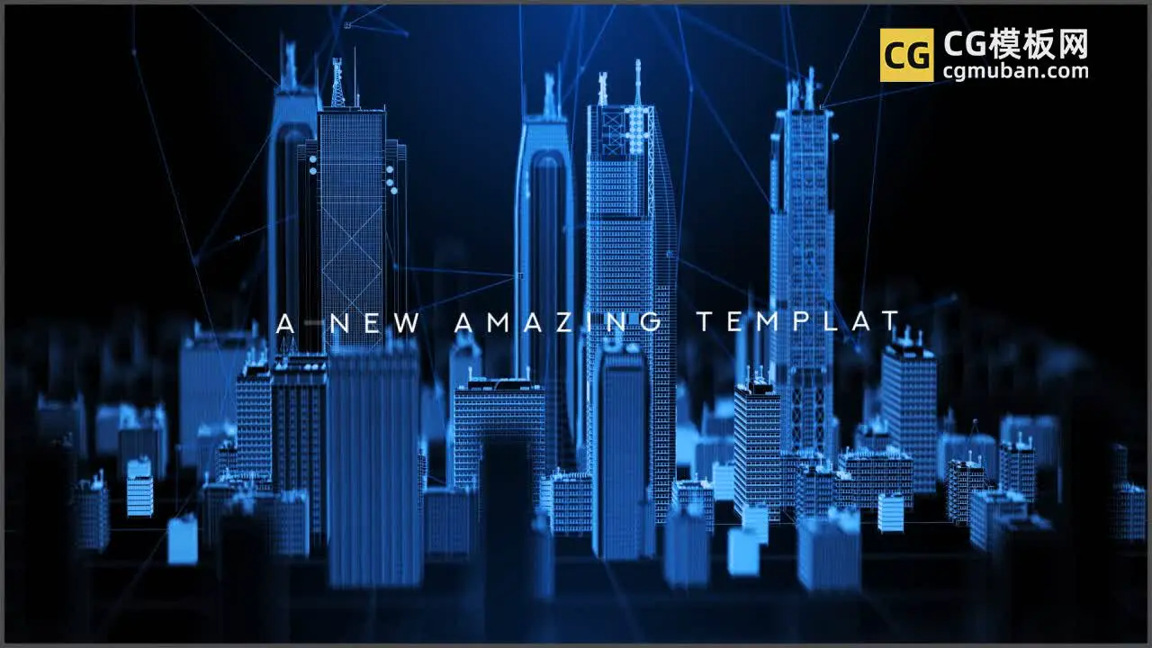 数字化全息旋转城市 未来科技感线条3D高楼模型Pr片头模板