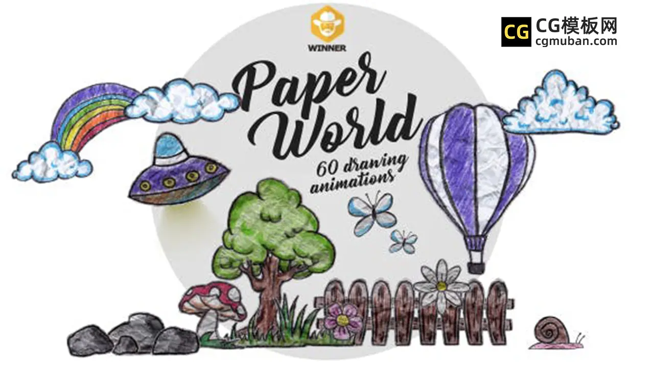 视频素材：60组手绘贴纸动画 绘图素描剪纸卡通涂鸦花朵树彩虹气球视频素材 Paper World插图