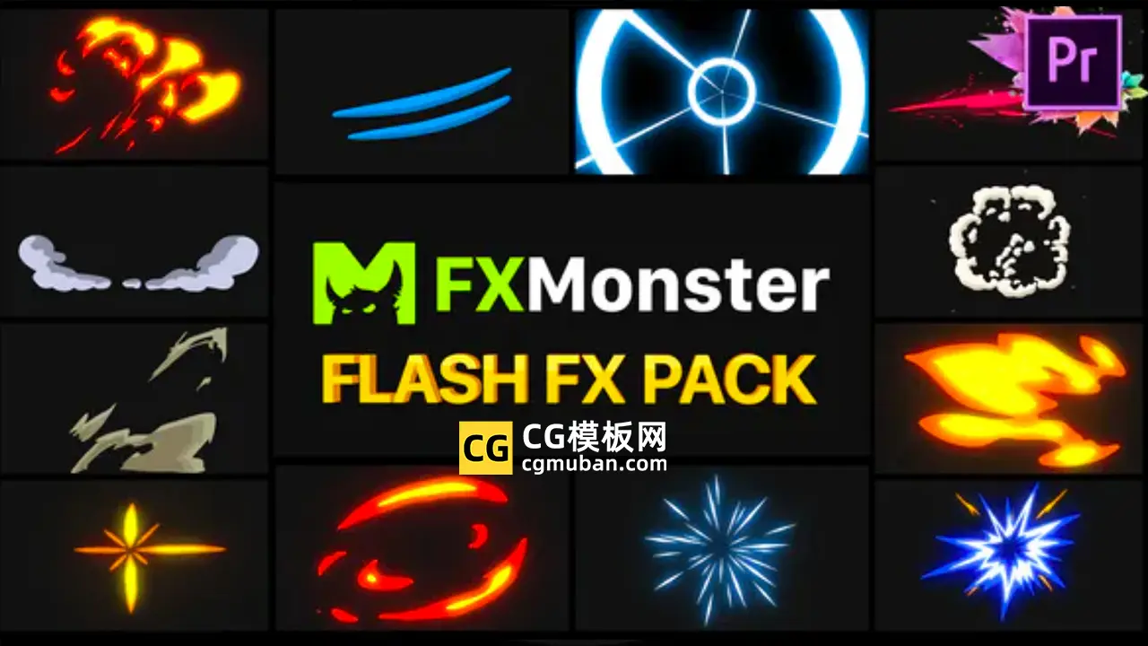 PR素材 游戏卡通动画效果爆炸烟雾火焰特效包mogrt图形模板 Flash Fx Pack插图
