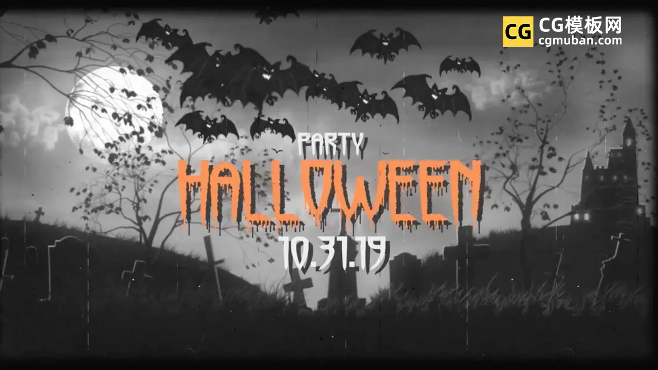 PR模板：万圣节活动模板 黑白色调蝙蝠恐怖鬼屋宣传片头视频PR模板 Halloween Logo插图