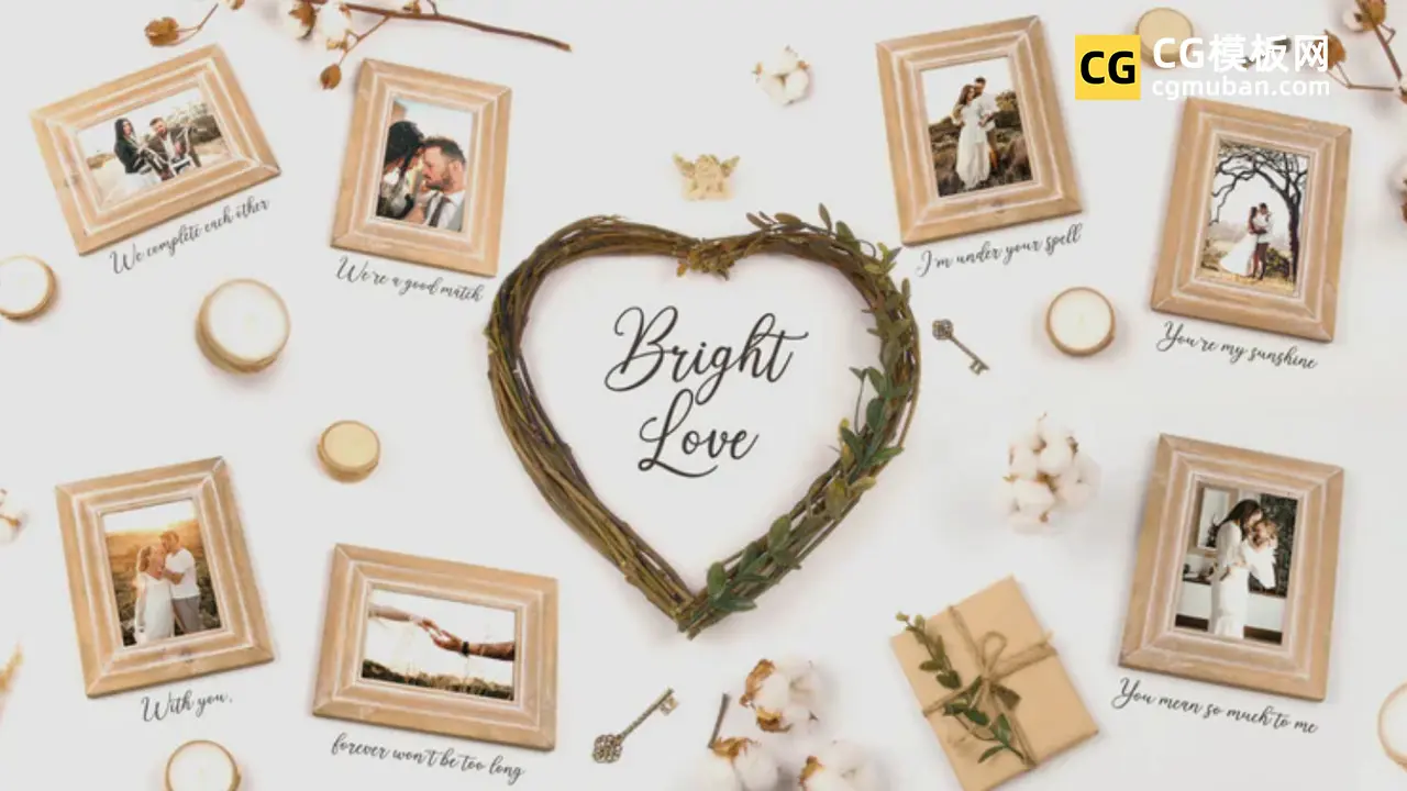 爱情回忆电子相册 婚礼现场暖场视频PR相框照片墙模板 Bright Love图