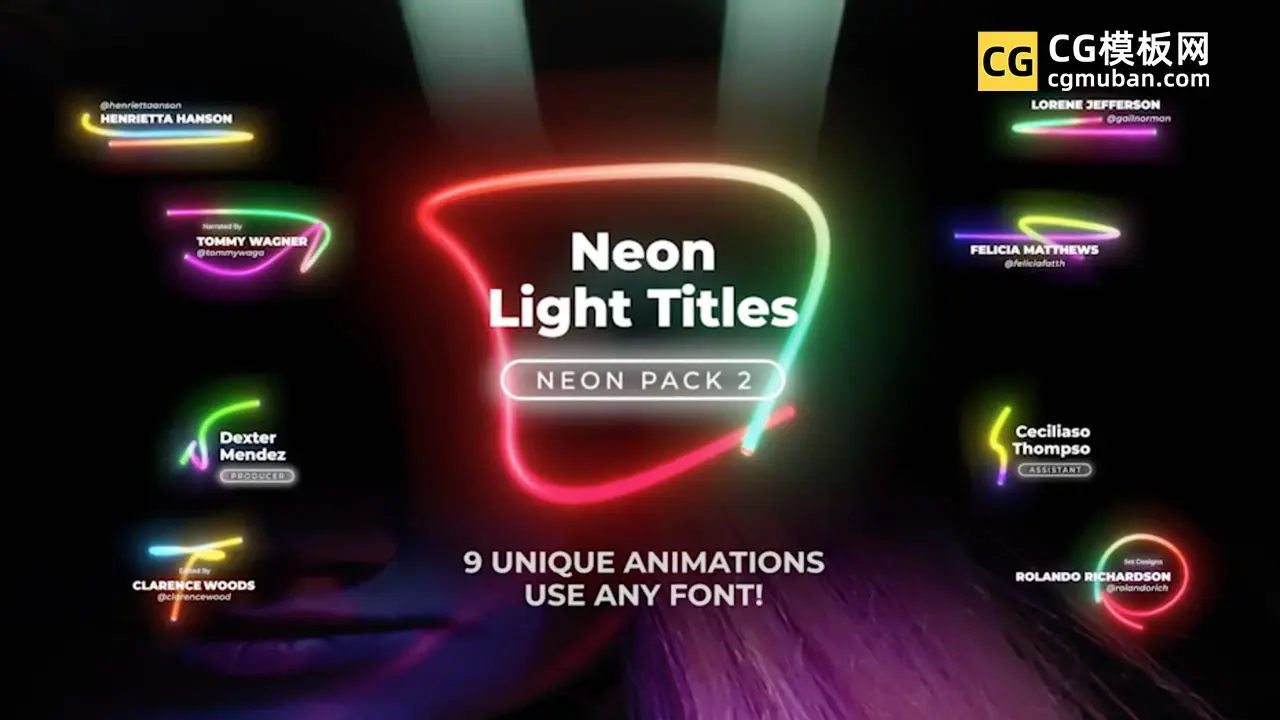 PR模板：霓虹灯文字标题模板 9组彩色生长灯管效果字幕视频动画PR模板 Lower Thirds Neon Titles 2插图