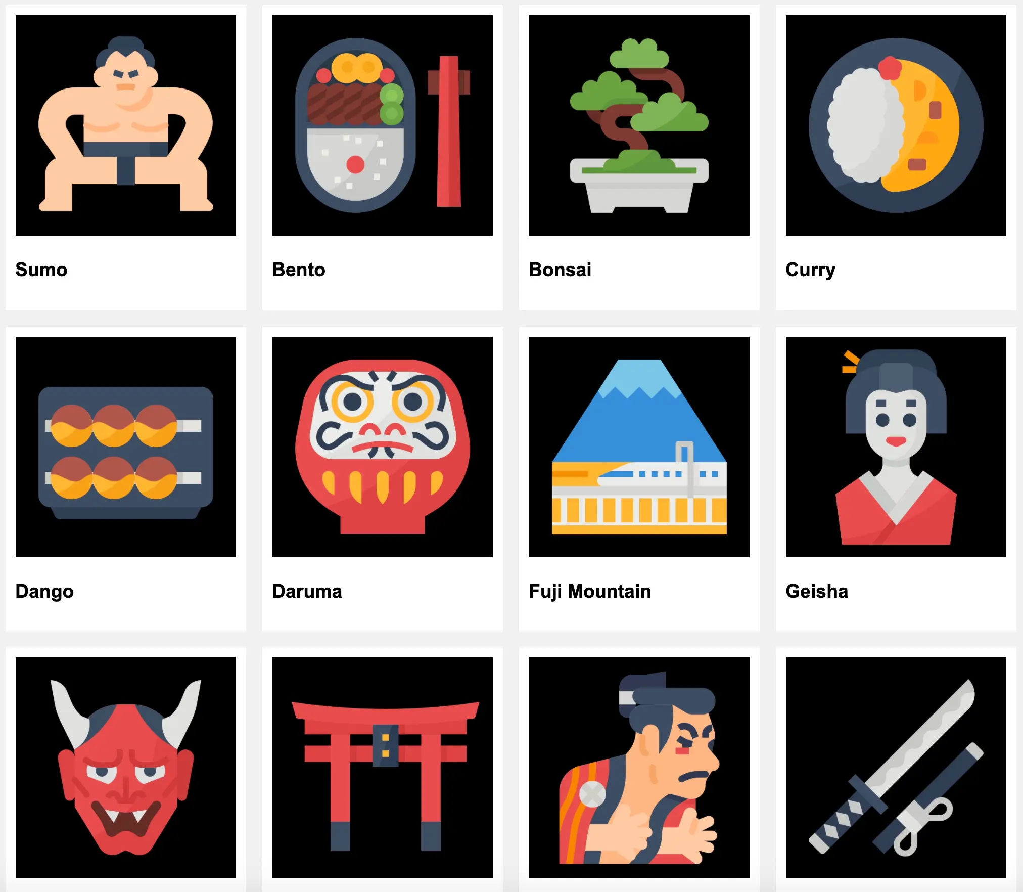 AE模板：日式动态图标UI模板 36个卡通动态日本传统文化武士刀樱花拉面标贴纸动画AE模板 Japan Icons插图(1)