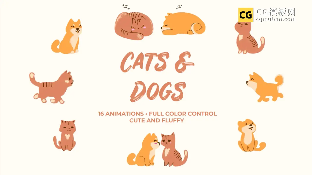 PR模板：卡通小猫小狗图形模板 16组手绘可爱MG动态形象元素材动画PR模板 Cats And Dogs插图