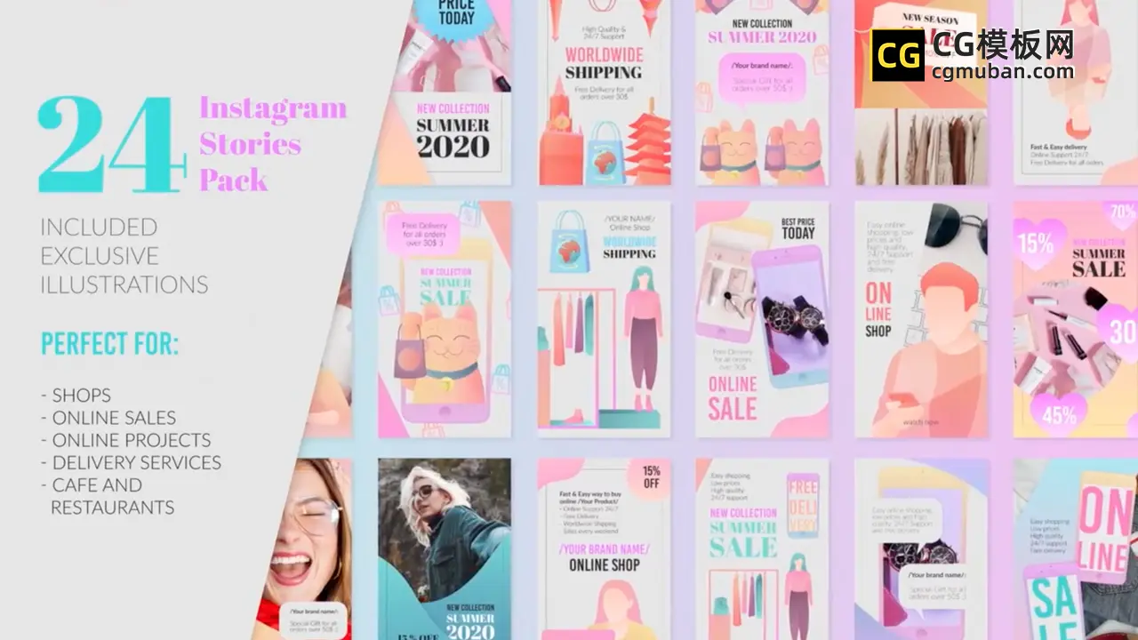 PR模板：24个可爱粉色少女系手机封面动态海报包装动画竖屏视频模板 24 Instagram Stories Pack插图