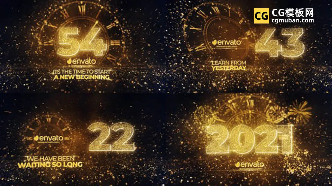 AE模板：2021跨年倒计时视频模板 金色粒子时钟表转1分钟倒数片头动画AE模板 New Year Countdown 2021插图