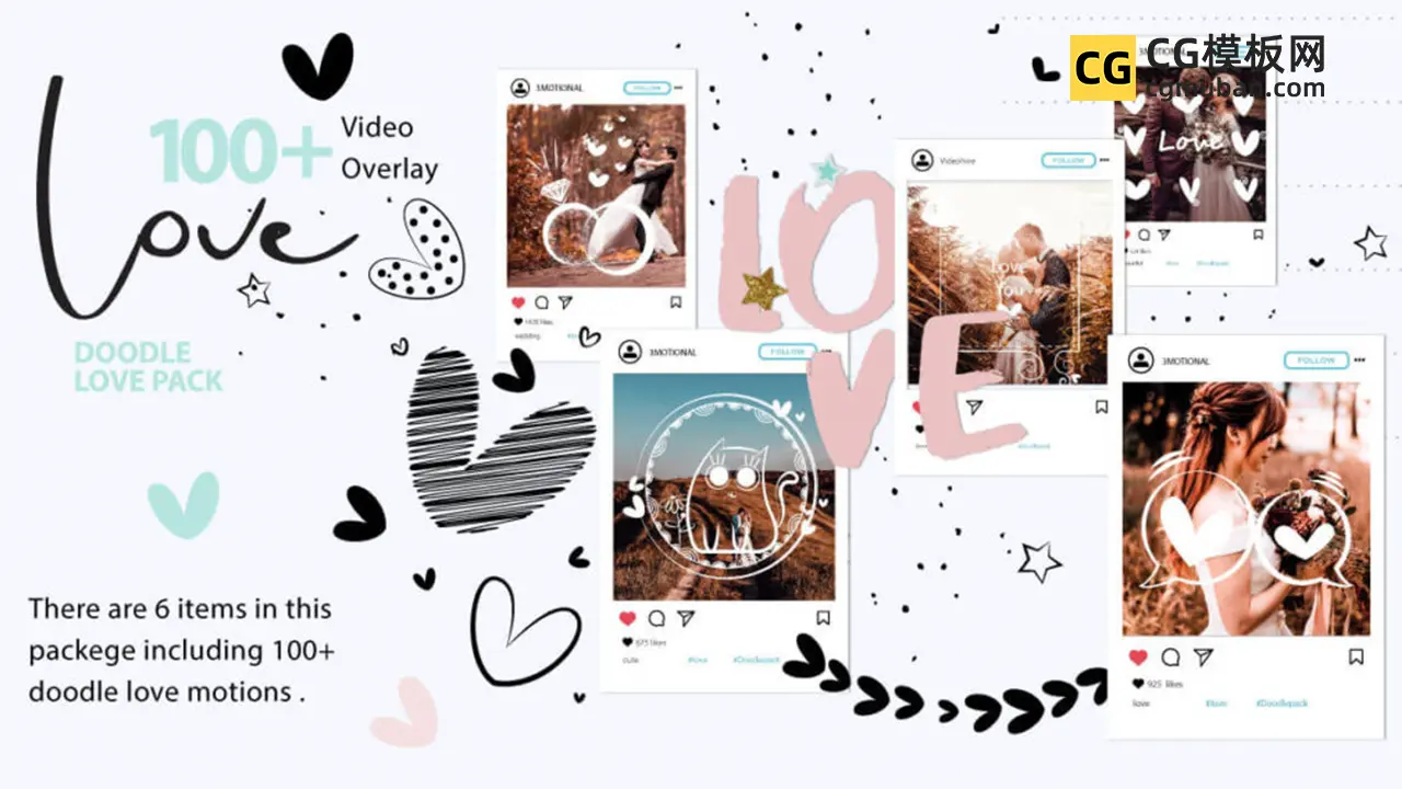 4K视频素材：卡通涂鸦视频素材 108个可爱浪漫爱情手绘图形叠加贴图动画素材 Animated Doodle Love Pack Video Overlays插图